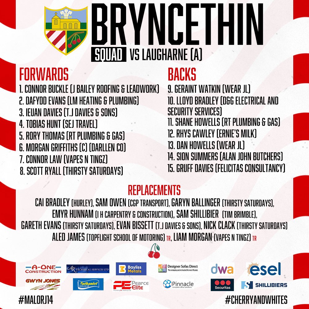 Bryncethin RFC squad to face <a href="/LaugharneRFC/">Laugharne RFC</a> (hopefully 🤞) in the WRU Cup quarter finals tomorrow afternoon 🍒⚪️ 

 #CherryAndWhites #MALORJ14