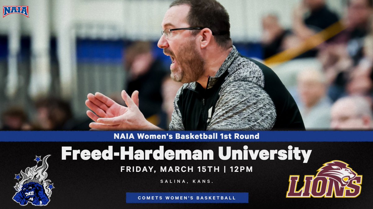 Comet_Athletics's tweet photo. 🏀| #CometsWBB will take on (RV) Freed-Hardeman University Friday, March 15th at 12:00pm in Salina, Kansas in the opening round of the NAIA Women's Basketball National Tournament. https://t.co/betuPVsHzL