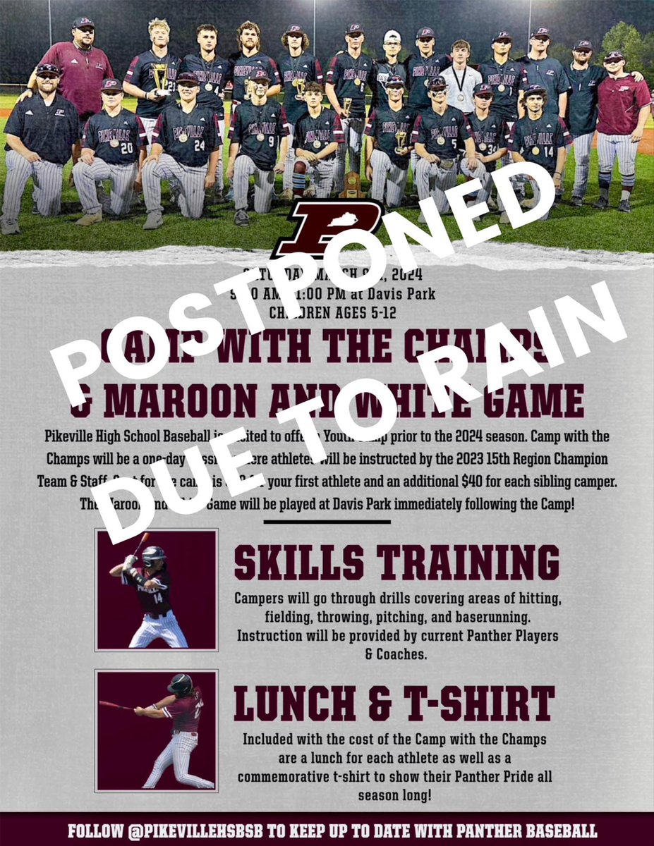 ʀᴀɪɴ ᴄʜᴇᴄᴋ 🌧️ 

Camp with Champs is being postponed to a later date due rain in the forecast for Saturday. 

We will update as soon as a new date is scheduled.