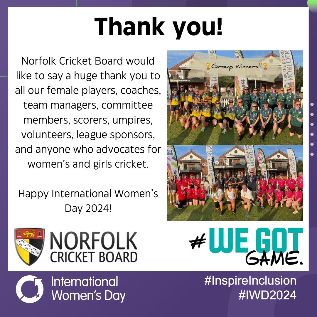 NorfolkCBWandG's tweet photo. ๐ฉโ๐ฆฐInternational Womens Day๐ฉโ๐ฆฐ
In our final post of today, we would like to thank everyone who plays and/or supports W&G's cricket in Norfolk
#IWD2024 #WomensCricket #GirlsCricket #Support #NorfolkCricket #Players #Coaches #TeamManagers #Volunteers #Scorers #Umpires #CricketClubs https://t.co/wBfubwGIC7