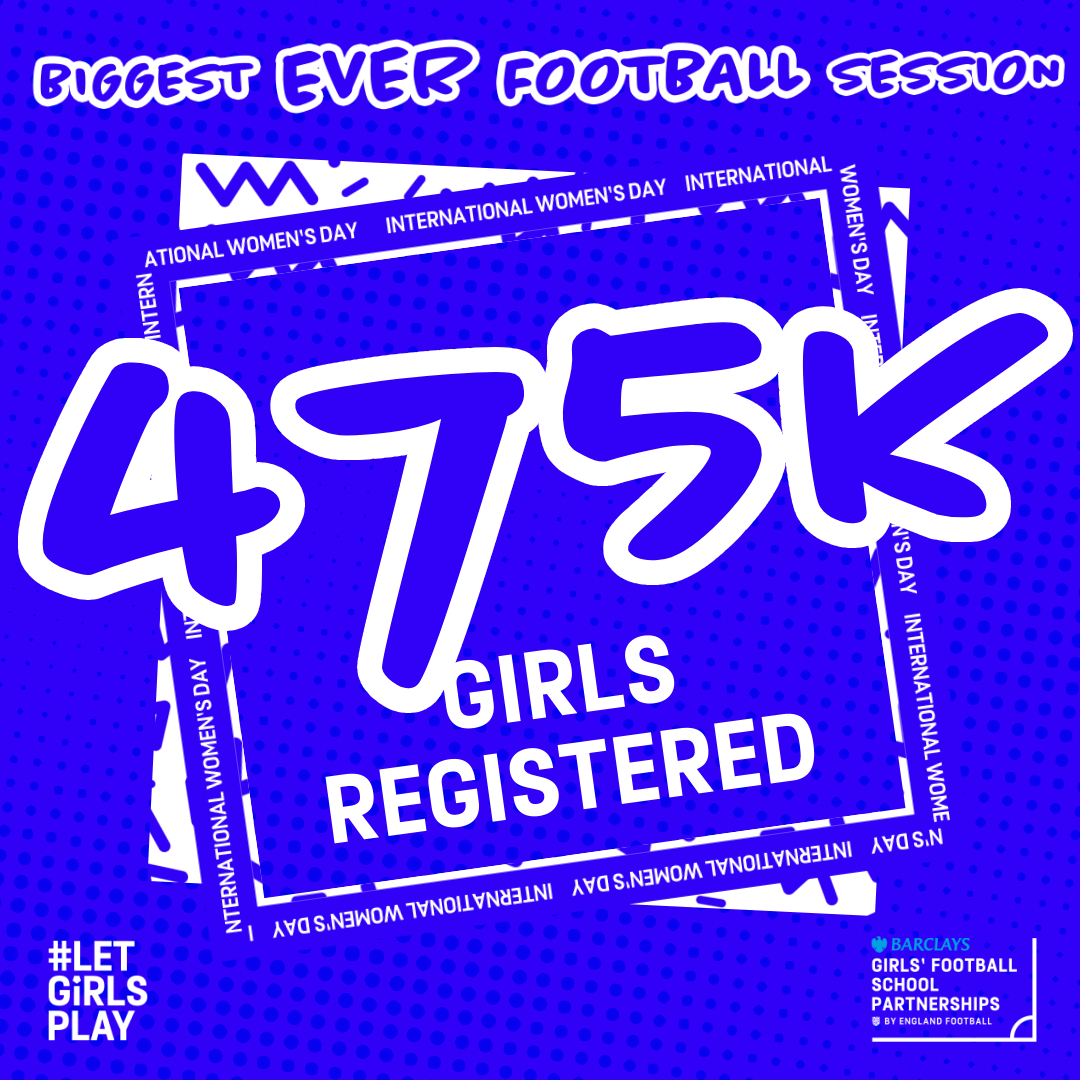 4⃣7⃣5⃣,0⃣0⃣0⃣​
​
History. Made. ​
​
That number could fill <a href="/wembleystadium/">Wembley Stadium</a> more than 5⃣ times over with girls taking part in #LetGirlsPlay Biggest Ever Football Session today 🤩