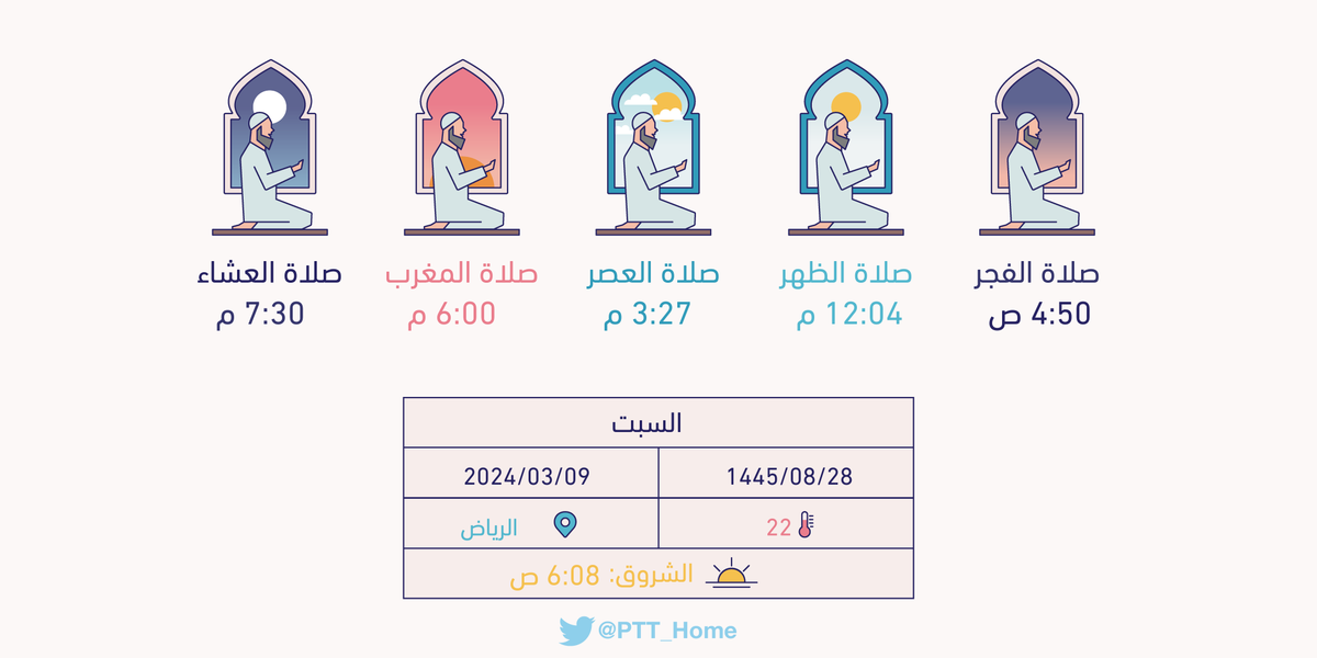 مواقيت الصلاة ليوم غد السبت بمدينة #الرياض : الفجر(4:50 ص) الظهر(12:04 م) العصر(3:27 م) المغرب(6:00 م) العشاء(7:30 م)
