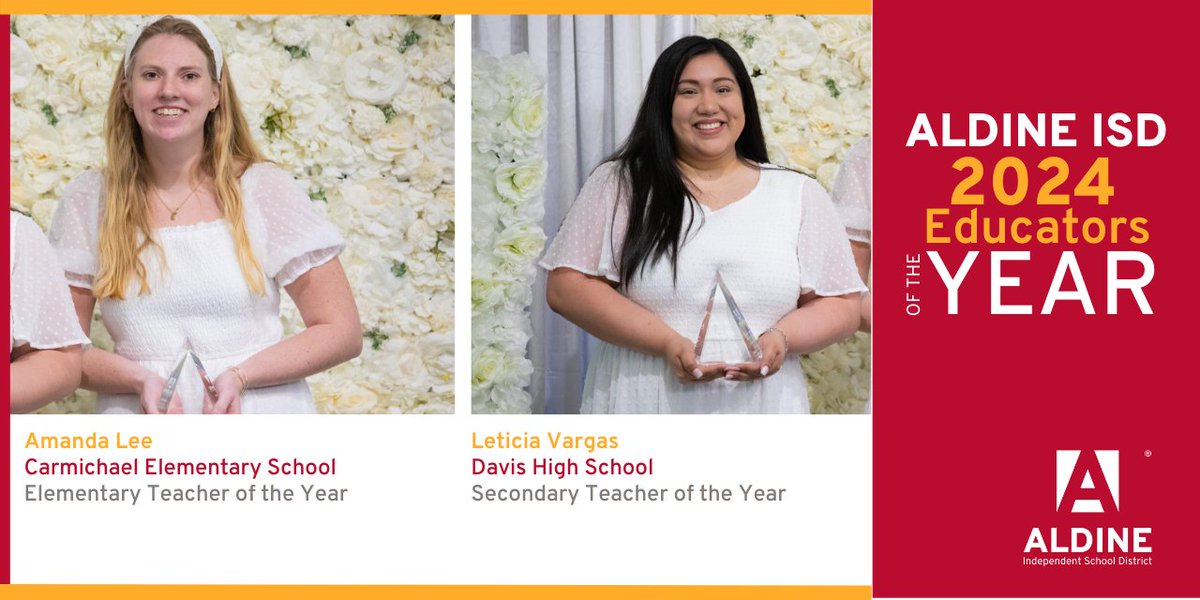 🎉 Huge congratulations to Aldine's 2024 Educators of the Year, Amanda Lee and Leticia Vargas! 🏆 Your dedication, passion, and tireless efforts in shaping young minds are truly commendable. Thank you for inspiring and empowering the next generation. #MyAldine