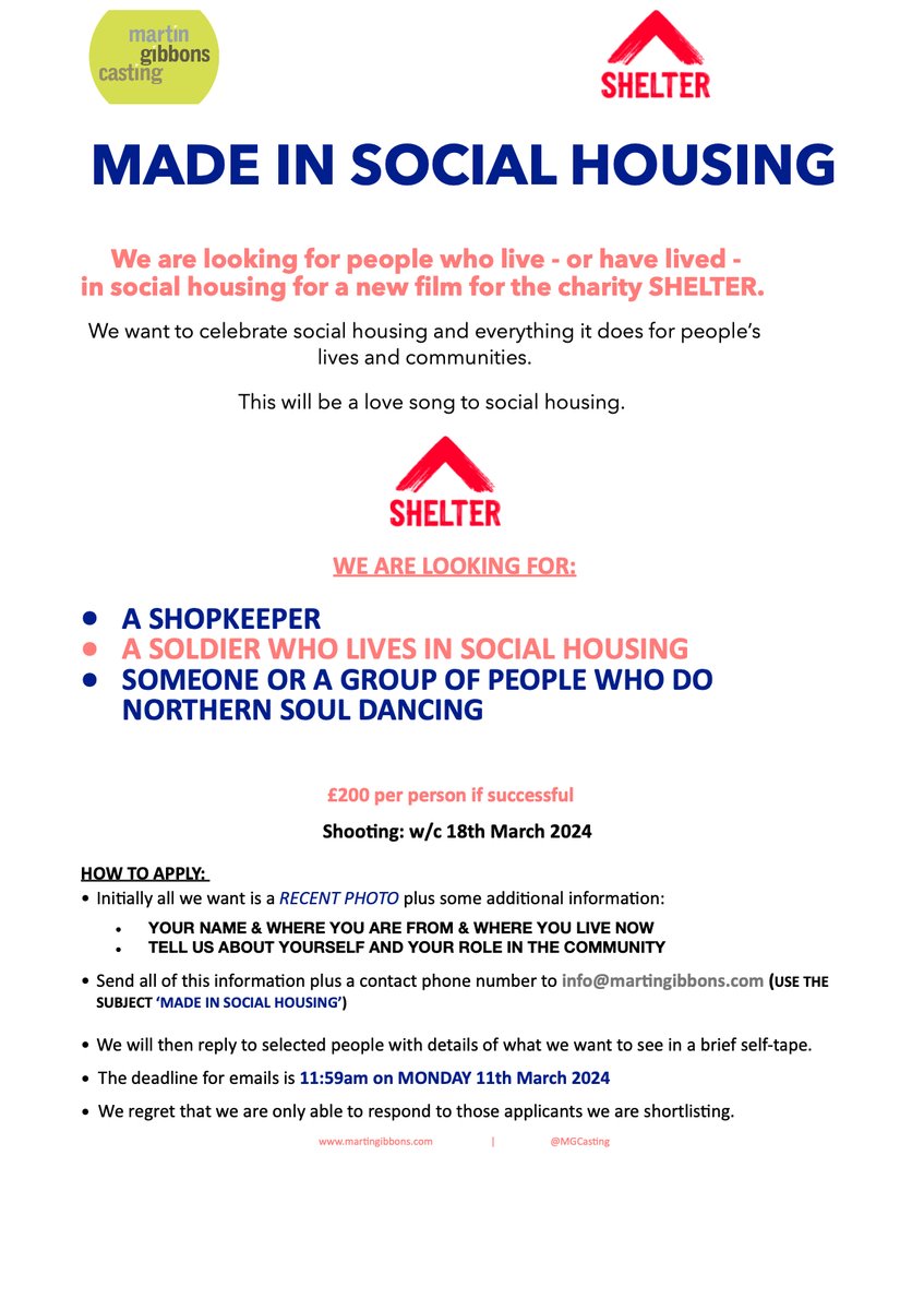 Casting:

A SHOPKEEPER
A SOLDIER WHO LIVES IN SOCIAL HOUSING
NORTHERN SOUL DANCERS

Looking for real people to feature in a new film for the charity SHELTER.

Please see attached for further details and how to apply. UK Based.

#casting

#shelter
#madeinsocialhousing
🏠