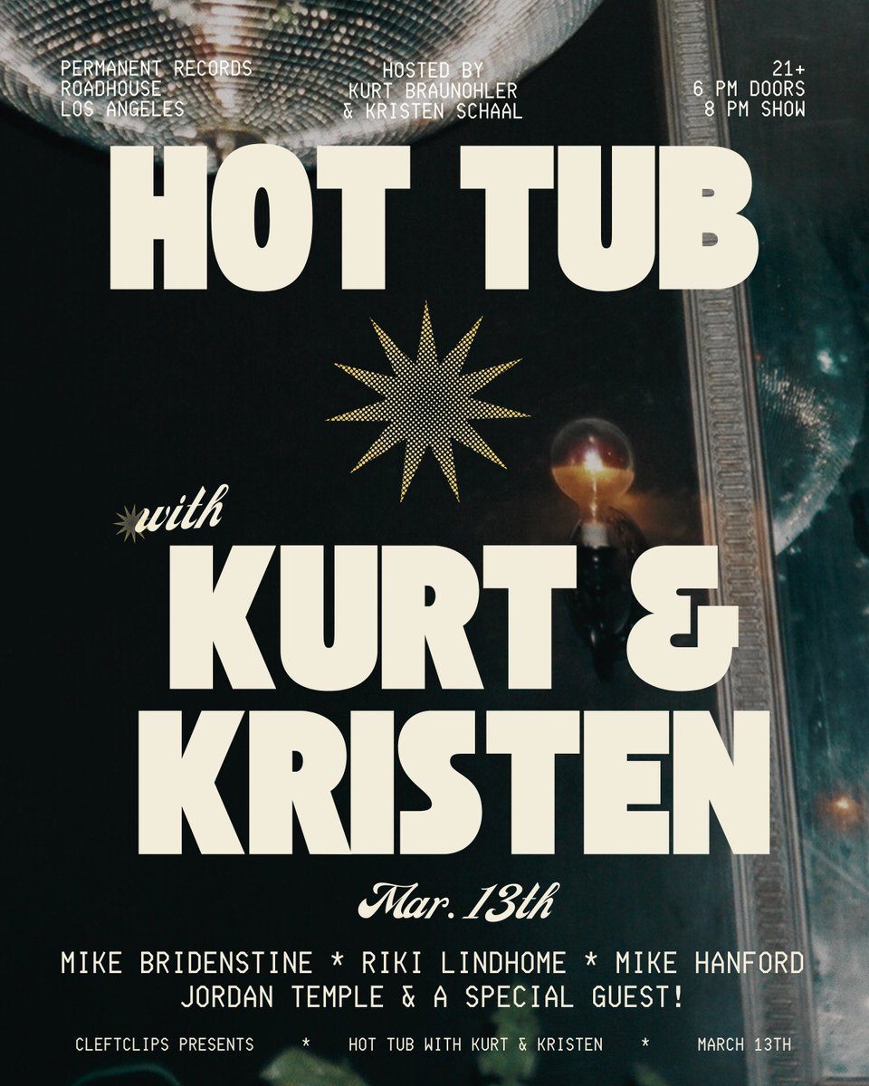 HotTub_Show's tweet photo. March 13th at
@Permanent_LA
~with~
#MikeBridenstine
#RikiLindhome
@MikeHanford
#JordanTemple
& a Special Guest
See you there!
Advance tix for this week and future shows: https://t.co/6fuLxoBXXb
Poster by @katherineleon https://t.co/Ab1avZWCMb