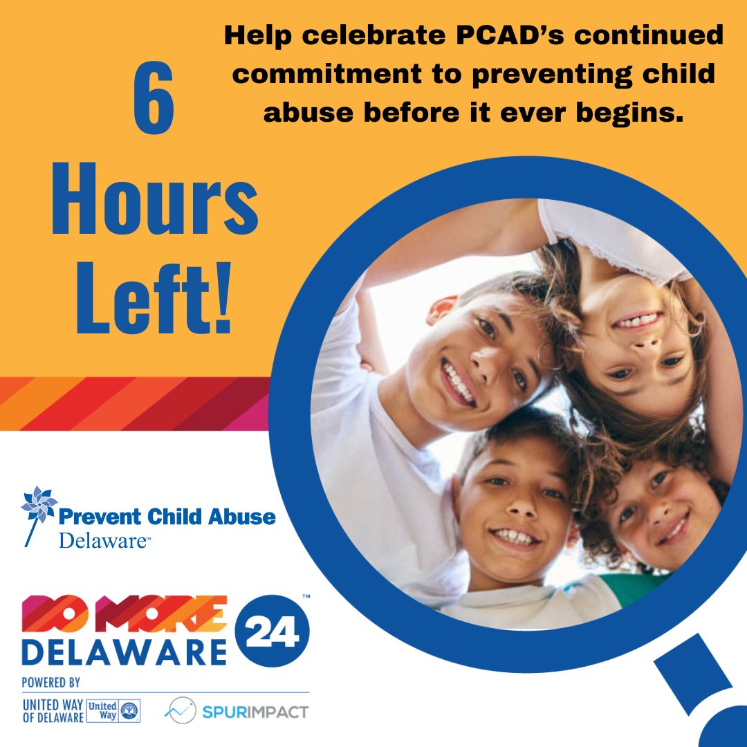 ONLY 6 HOURS LEFT TO #DoMore24DE!! Make your gift to help children and families now at bit.ly/DoMorePCAD before this 24 hours of giving ends at 6PM TONIGHT! #netDE #HealthyFamilies #DoMore24