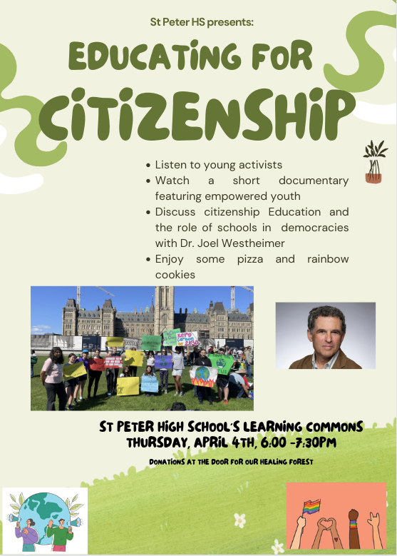 Looking forward to hear our young activists voices & to discuss with @joelwestheimer &parents what it takes to educate our youth to be social justice-oriented #citizens. Donations at the door for our healing forest. @StPeterOCSB @OttawaCSPA @ocsbEco @ocsbindigenous @OttCatholicSB