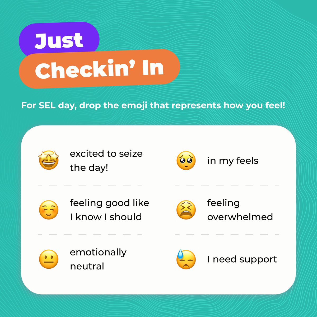 Today, let's prioritize our well-being. Join us:

🌬️ Inhale for 3 seconds...
💨 Exhale for 3 seconds...

It's time for a #CheckIn! How are you feeling? Drop a comment below! 👇 Let's support each other on this journey of self-care and emotional wellness. 💖 
#SELDay #SelfCare