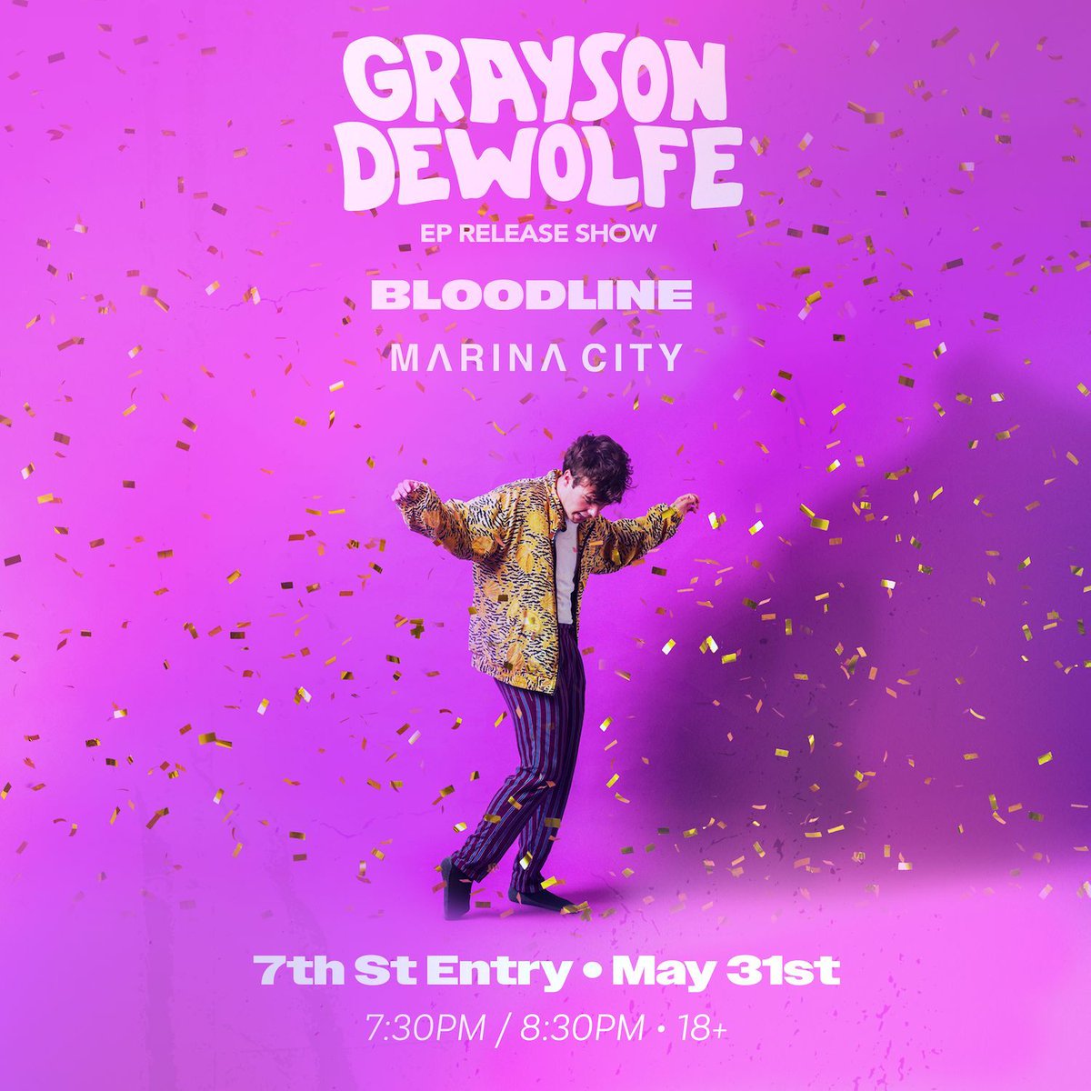 Just Announced: @GraysonDeWolfe with Bloodline and @MarinaCityBand in the 7th St Entry on Friday, May 31. On sale now → firstavenue.me/48LPjaw