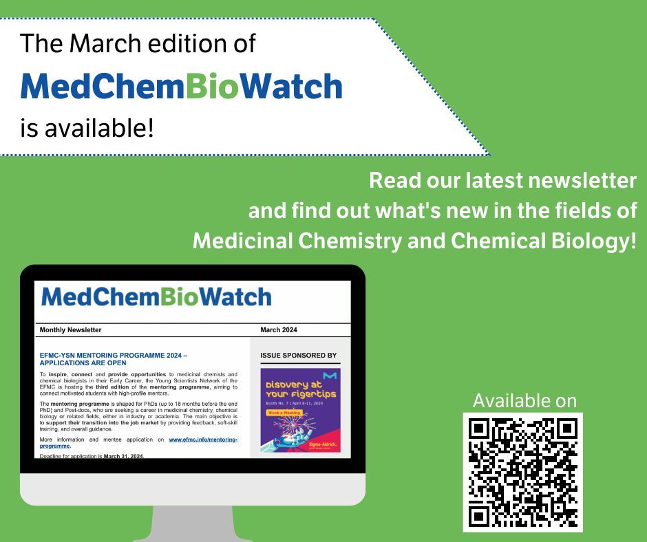 📢 The March edition of MedChemBioWatch is now available! 🔗 Visit the EFMC's website to read more: buff.ly/3rJrl0c #MedChemBioWatch #EFMC #MedicinalChemistry