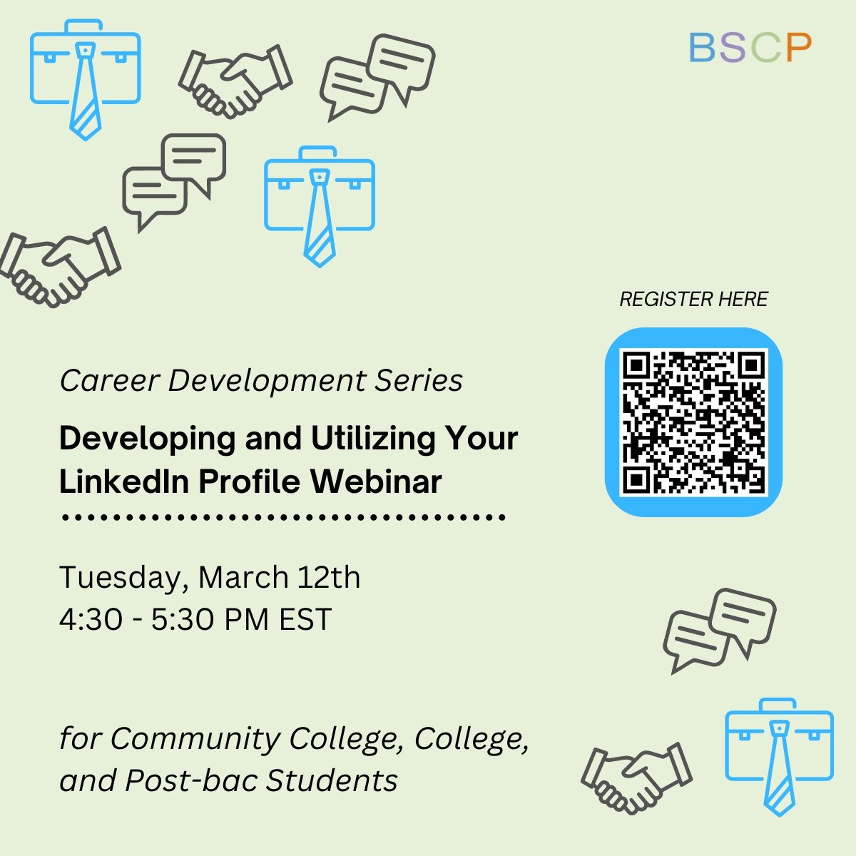Join us for an awesome webinar "Developing and Utilizing Your LinkedIn Profile"!  Tuesday, March 12th from 4:30-5:30 PM EST.  This session will be tailored to Community College, College, and Post-baccalaureate Students.  

Register here: buff.ly/3PcZrCC