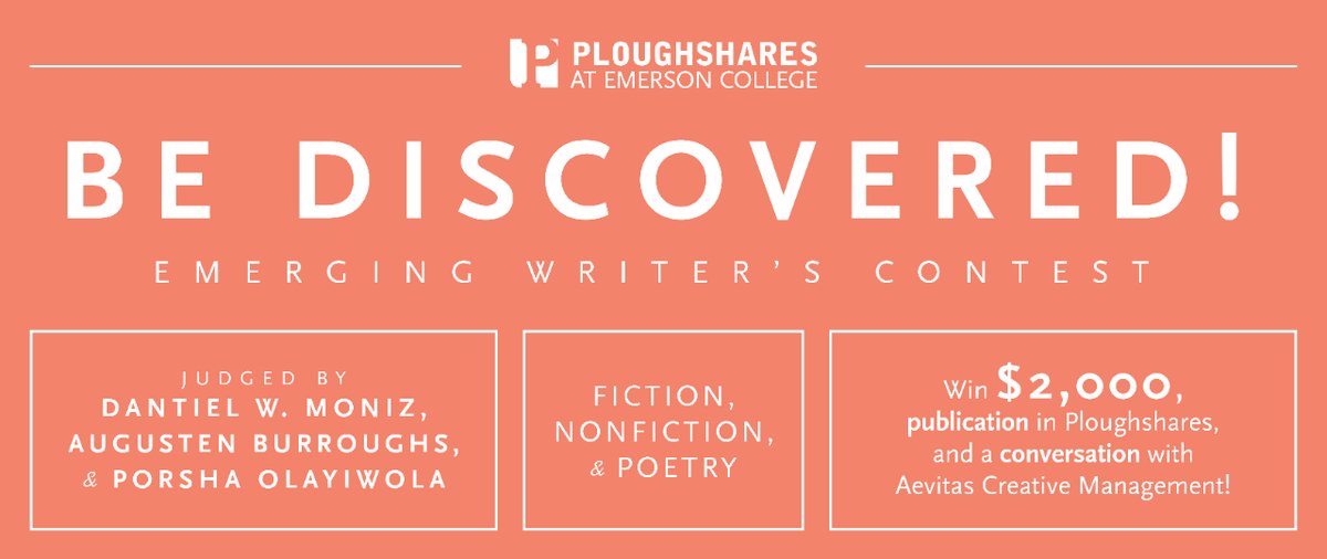 The Emerging Writer’s Contest is open for submissions for any new and emerging writers of fiction, nonfiction, and poetry! Judged by Porsha Olayiwola, Dantiel W. Moniz, and Augusten Burroughs, winners receive $2,000, publication in Ploughshares, and more! pshr.us/ewc24