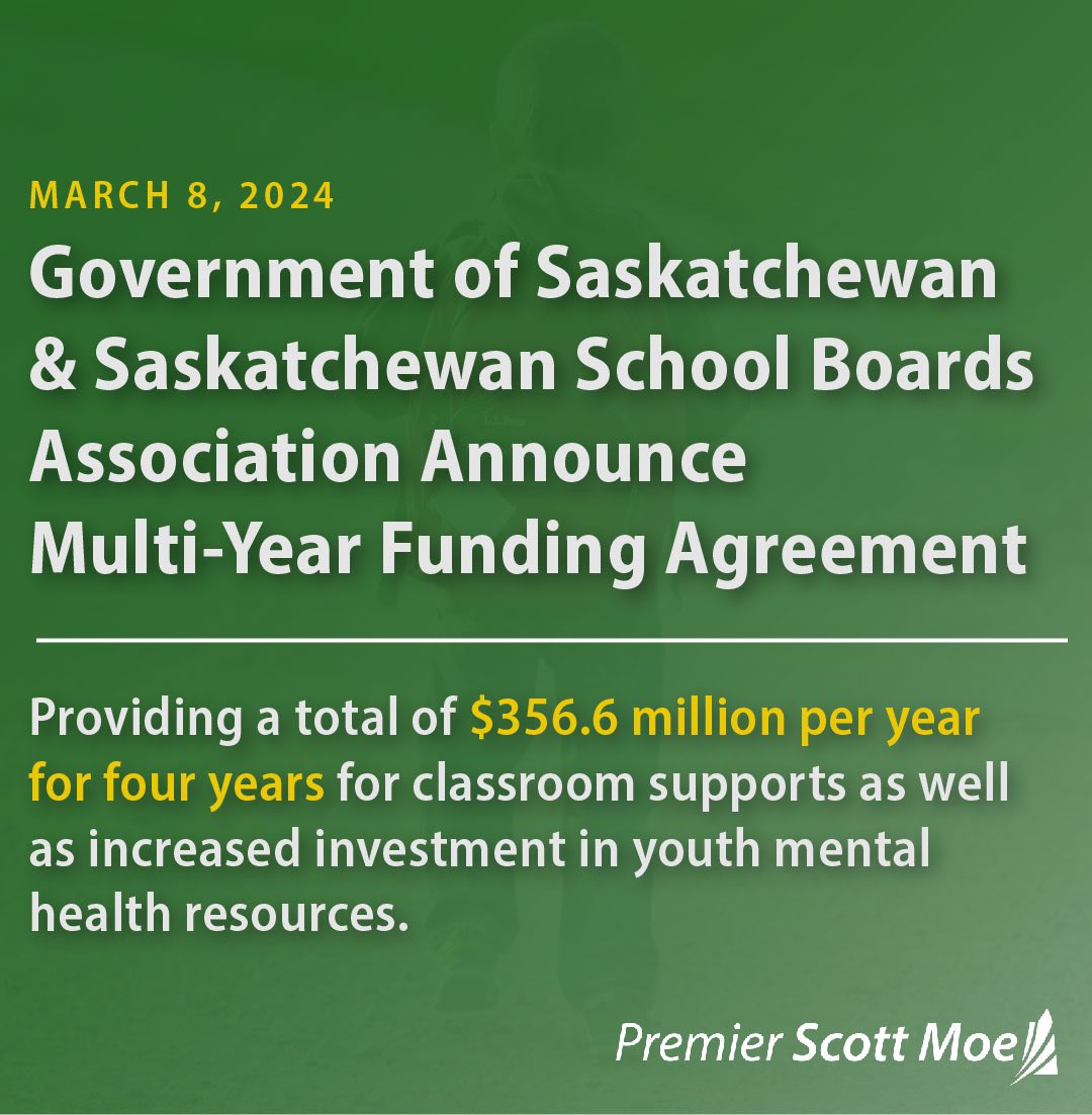 Hours ago, Minister of Education Jeremy Cockrill took the unprecedented step and signed a multi-year funding agreement with the Saskatchewan School Boards Association that ensures a minimum of $356.6 million per year for four years for classroom supports. Now that our government