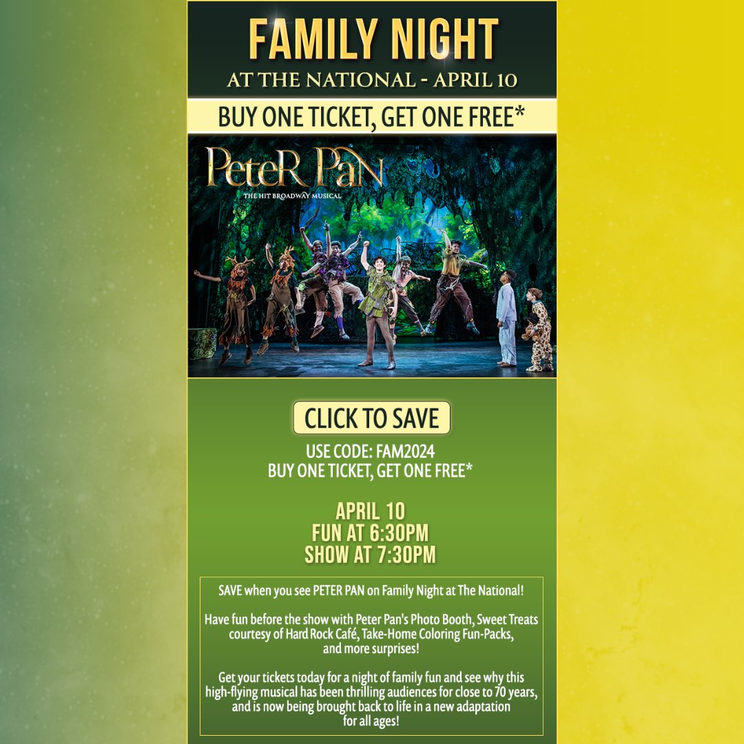 FAMILY NIGHT at @BroadwayNatDC is happening, April 10! See the hit Broadway musical, Peter Pan! Buy one ticket, get a second one free & enjoy an evening of fun family activities for all ages. For info & the promo code, visit: links.engage.ticketmaster.com/servlet/MailVi…