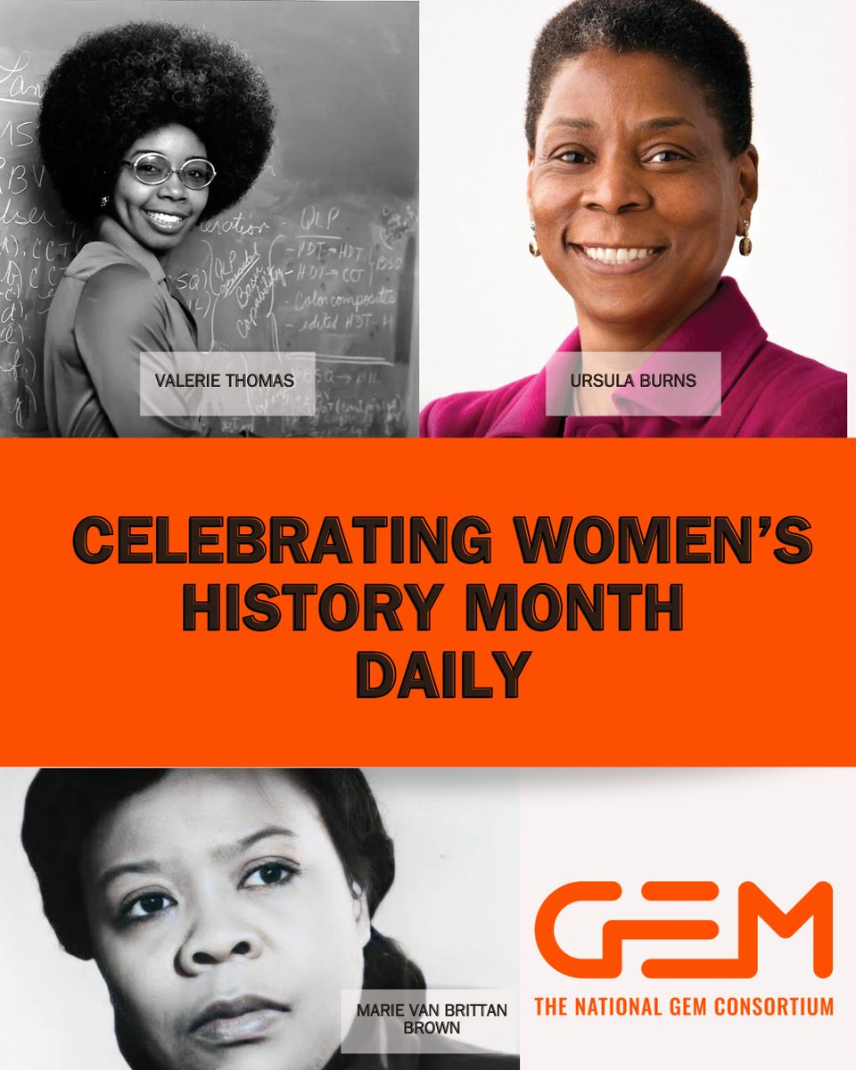 GEMFellowship's tweet photo. Valerie Thomas was behind the illusion transmitter, which NASA later used in its satellite technology. Marie Van Brittan Brown invented the first home security system. And GEM Fellow Ursula Burns was the CEO of Xerox and the first Black woman to lead a Fortune 500 company. https://t.co/ycSwQ4ggQ6