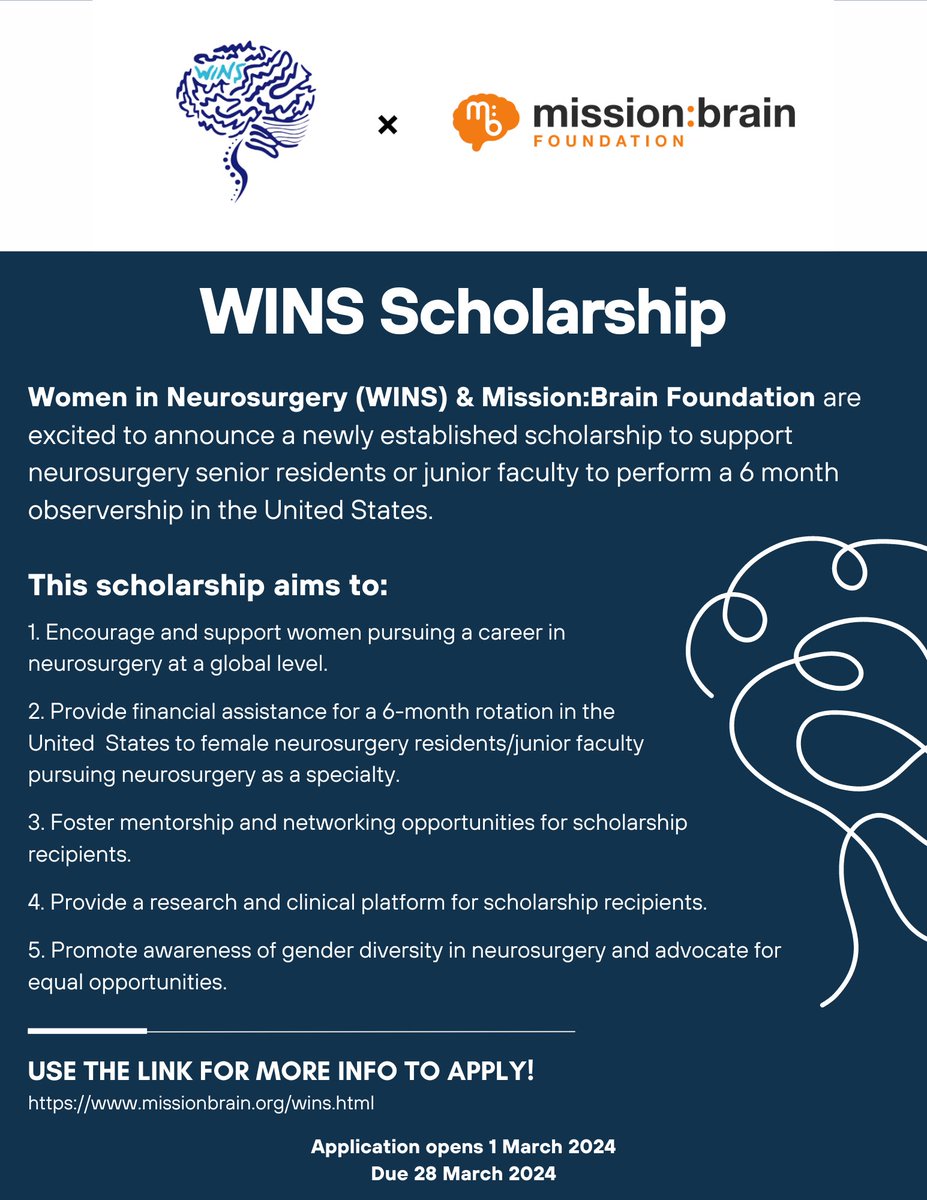 🧠✨ Calling all female neurosurgery residents & junior faculty! Apply now for the Mission:BRAIN x Women in Neurosurgery Scholarship and unlock opportunities for observership, research, and mentorship in the US. Up to $25,000 available! @missionbrainorg #Neurosurgery #scholarship