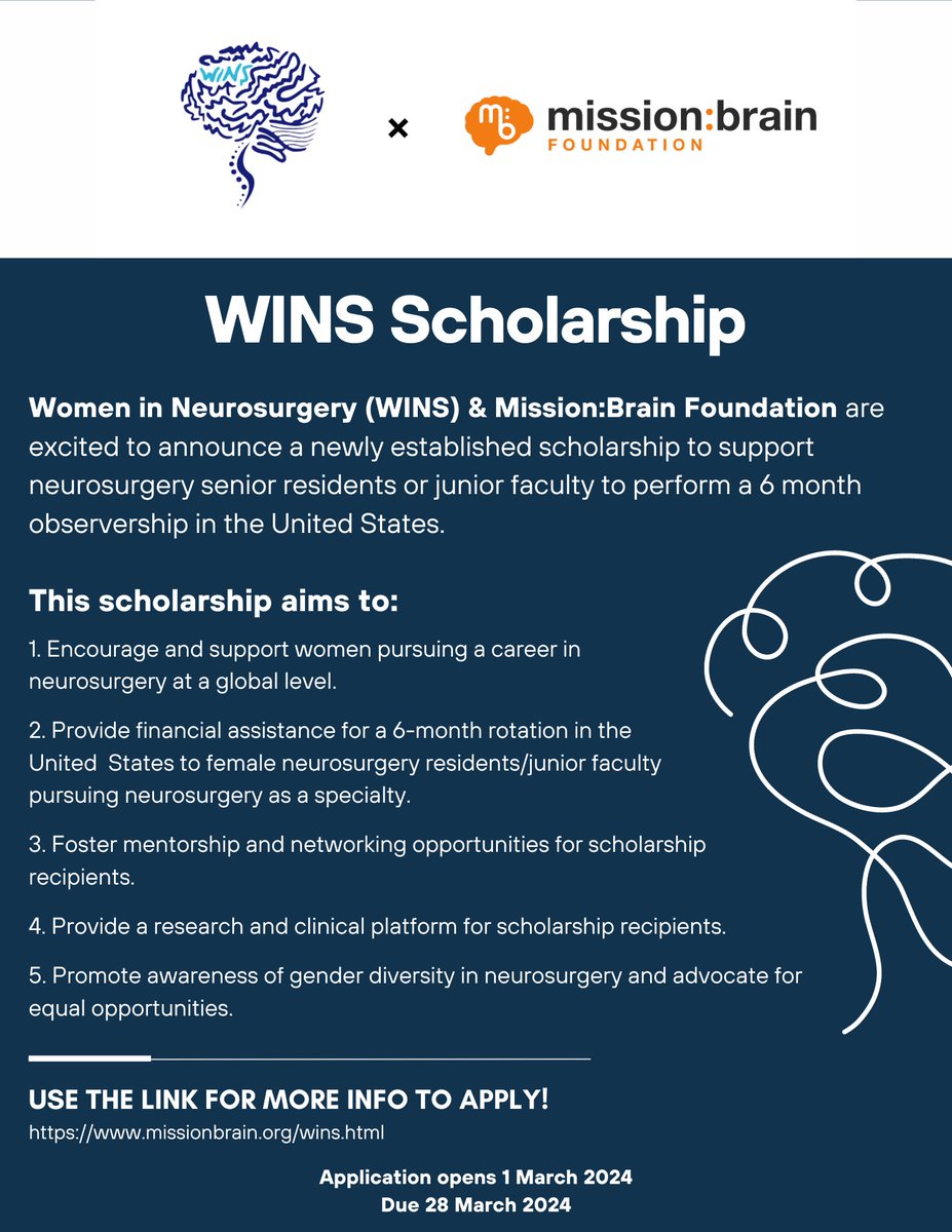 Women In Neurosurgery (WINS) (@womeninnsgy) on Twitter photo 🧠✨ Calling all female neurosurgery residents & junior faculty! Apply now for the Mission:BRAIN x Women in Neurosurgery Scholarship and unlock opportunities for observership, research, and mentorship in the US. Up to $25,000 available! <a href="/missionbrainorg/">mission:brain</a> #Neurosurgery #scholarship 🧠✨ Calling all female neurosurgery residents & junior faculty! Apply now for the Mission:BRAIN x Women in Neurosurgery Scholarship and unlock opportunities for observership, research, and mentorship in the US. Up to $25,000 available! <a href="/missionbrainorg/">mission:brain</a> #Neurosurgery #scholarship