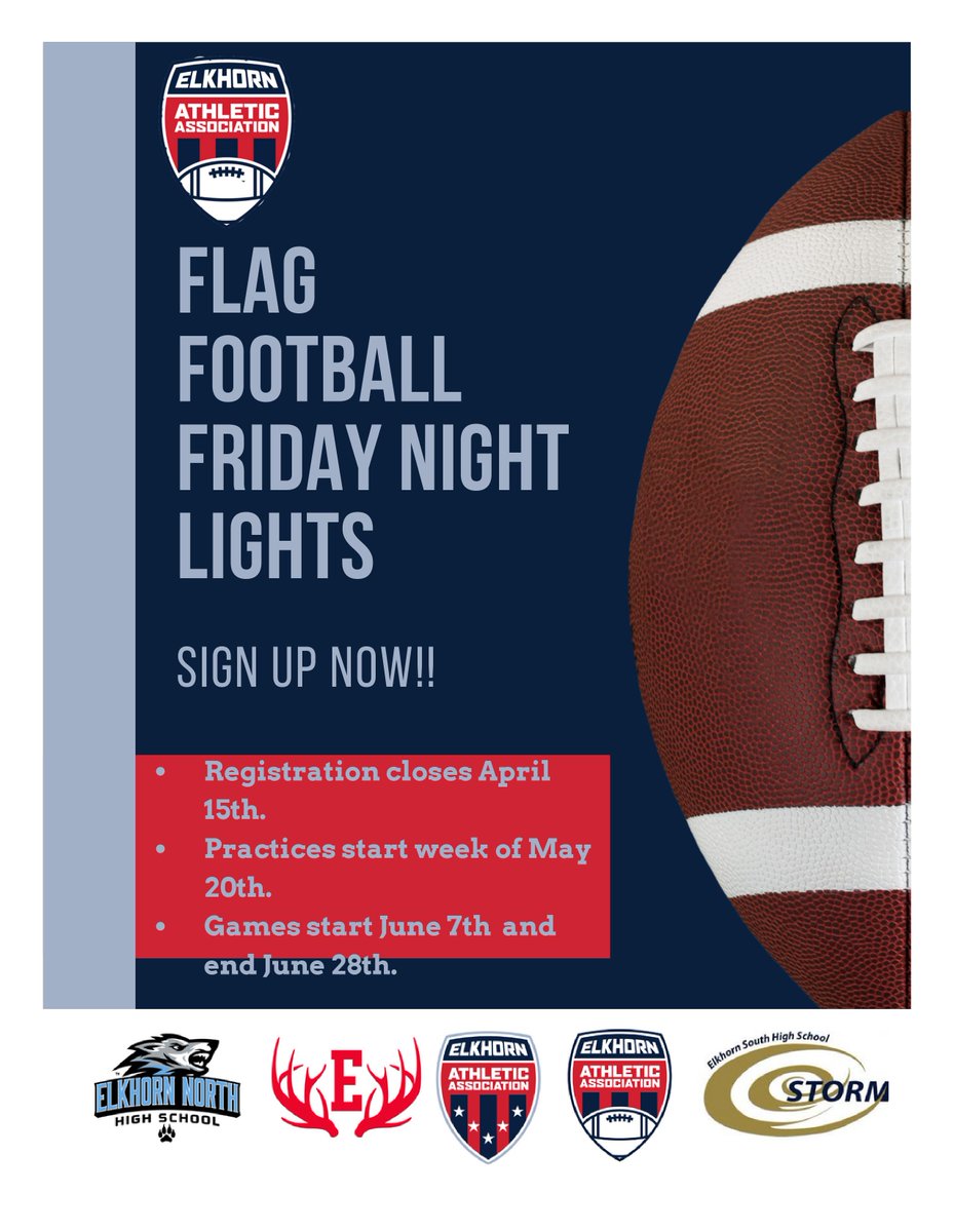 EAA_Football's tweet photo. Friday Night Lights Registration is open! This is an excellent opportunity to play some flag football in the summer!
Registration link below: https://t.co/0pc8HRd749 https://t.co/OLLKdyxg7e