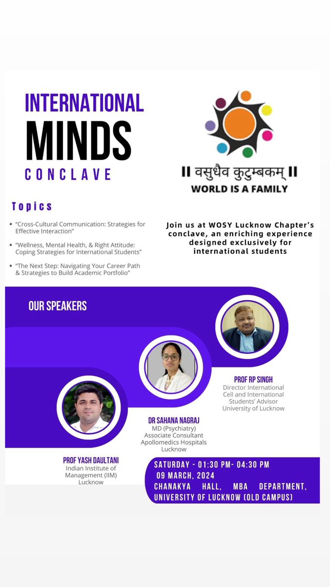 Expand your horizons at the #WOSY Lucknow Chapter's conclave! Dive into topics like cross-cultural communication, mental wellness, and career navigation. Join us at Chanakya Hall, MBA Department, University of Lucknow old Campus. See you there! #WOSYLucknow #GlobalPerspectives