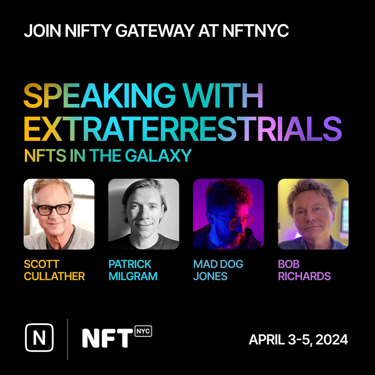 🎤 Nifty Gateway will be at NFTNYC2024 We're looking forward to participating in a riveting conversation about space exploration and an upcoming release with @mad_dog_jones who is taking NFTs to unearthly levels. Join us for a conversation between: 🔷 NG’s own @nifty_pat 🎨 The