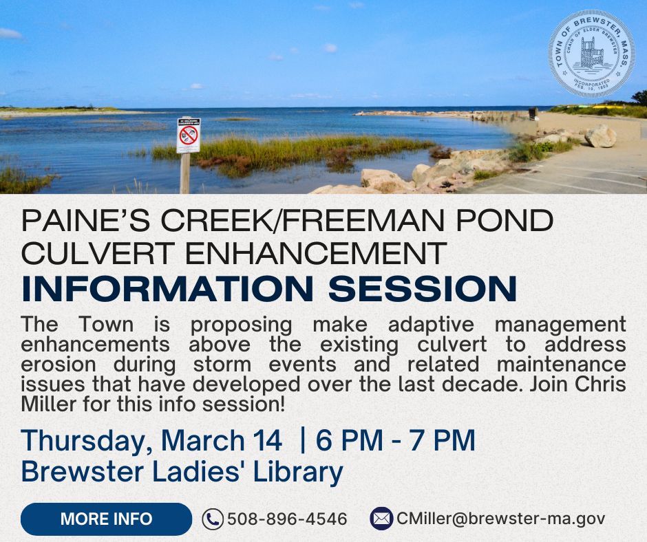 Fully funded by state and federal grants, join Chris Miller next week at the @brewsterladieslibrary for this information session on enhancements to the Paine's Creek/Freeman Pond Culvert - Thursday, March 14 at 6pm. For more info visit - buff.ly/3IuZuWE