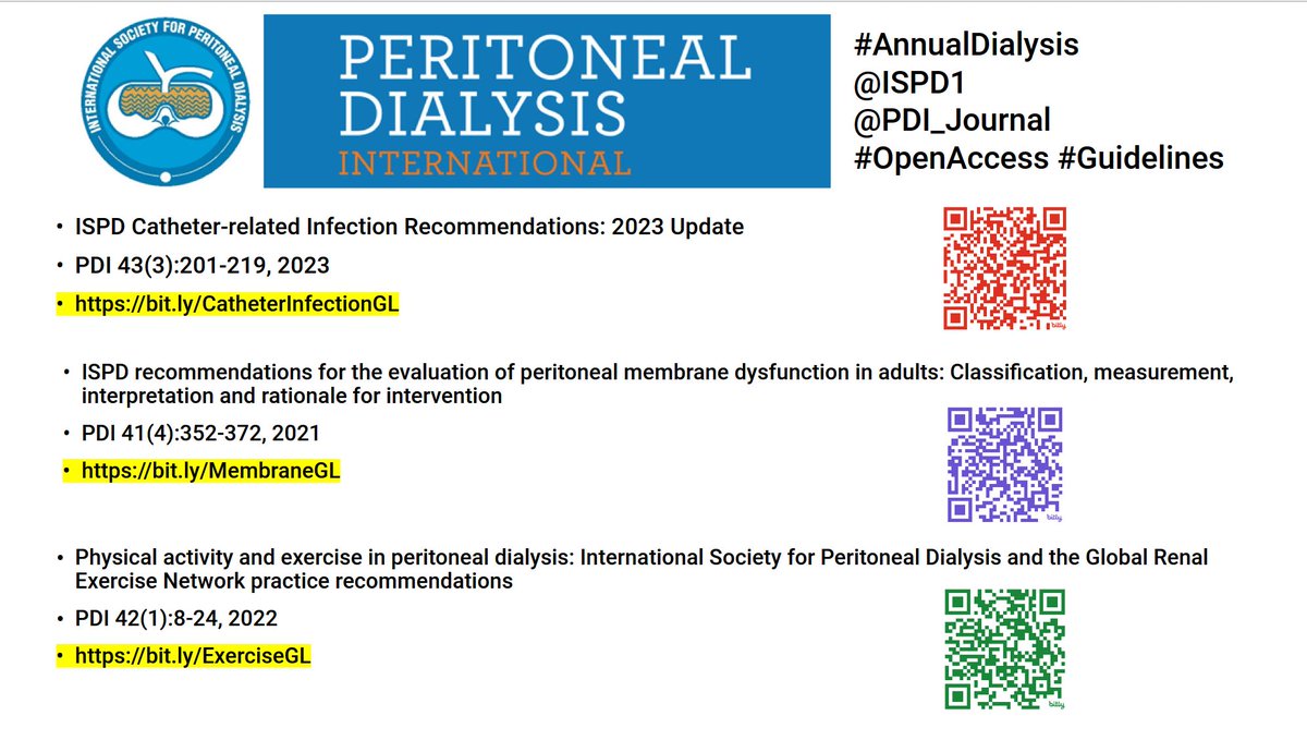 #OpenAccess Guidelines discussed during the #AnnualDialysis Mar 9 - 11 conference @pdi_journal @ispd1 bit.ly/CatheterInfect… bit.ly/MembraneGL bit.ly/ExerciseGL @AnnualDialysis @EdwinaBrown_PD @PD_Perls @YJCho16 @osamaelshamy88 @JohannMorelle @Pauldialysis