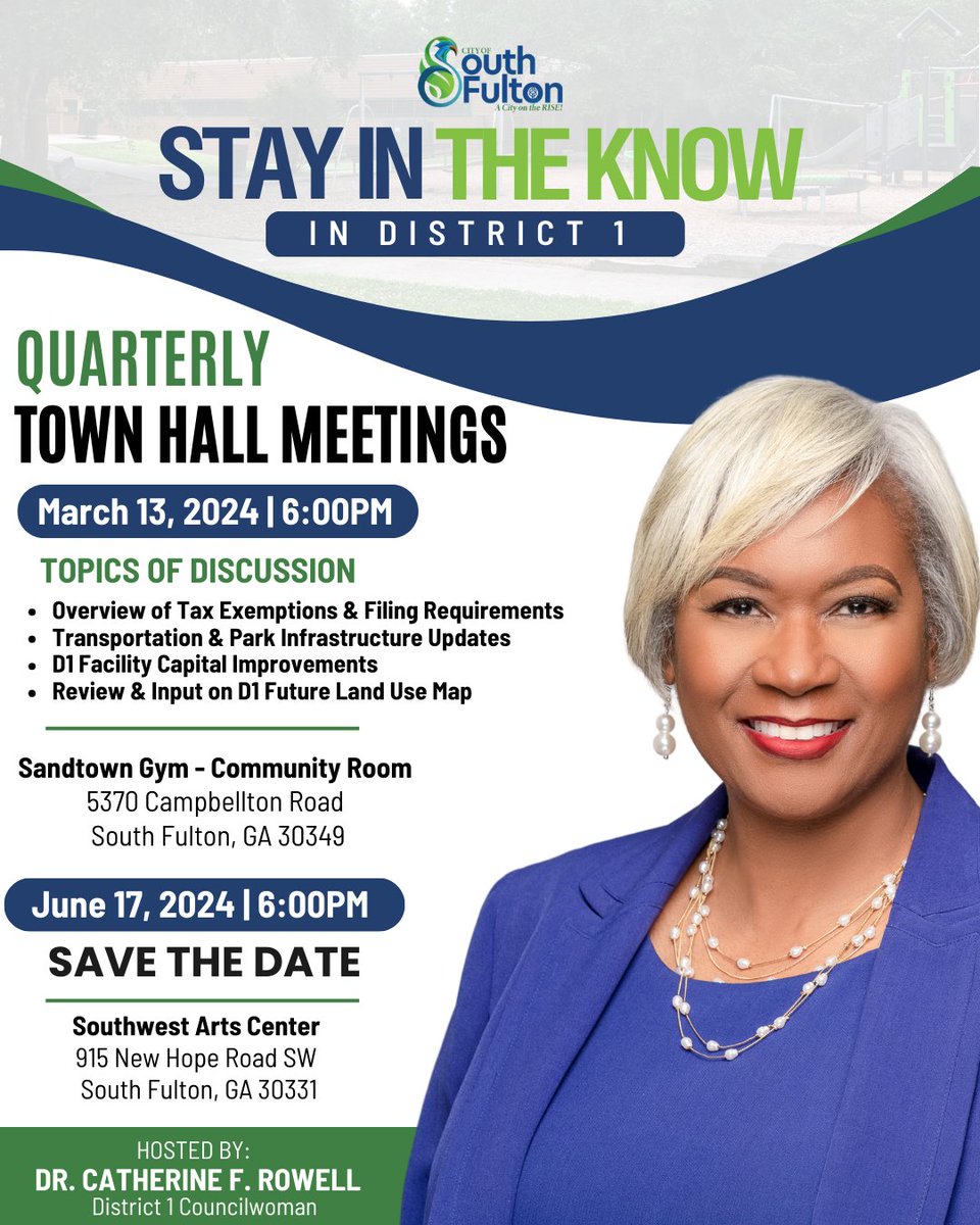 Stay in the know, South Fulton! Join Councilwoman Catherine F. Rowell at the upcoming Town Hall Meeting on March 13 at Sandtown Recreation Center. Let's come together to discuss important issues, share ideas, and work towards a brighter tomorrow. #cosfga #SouthFulton #TownHall