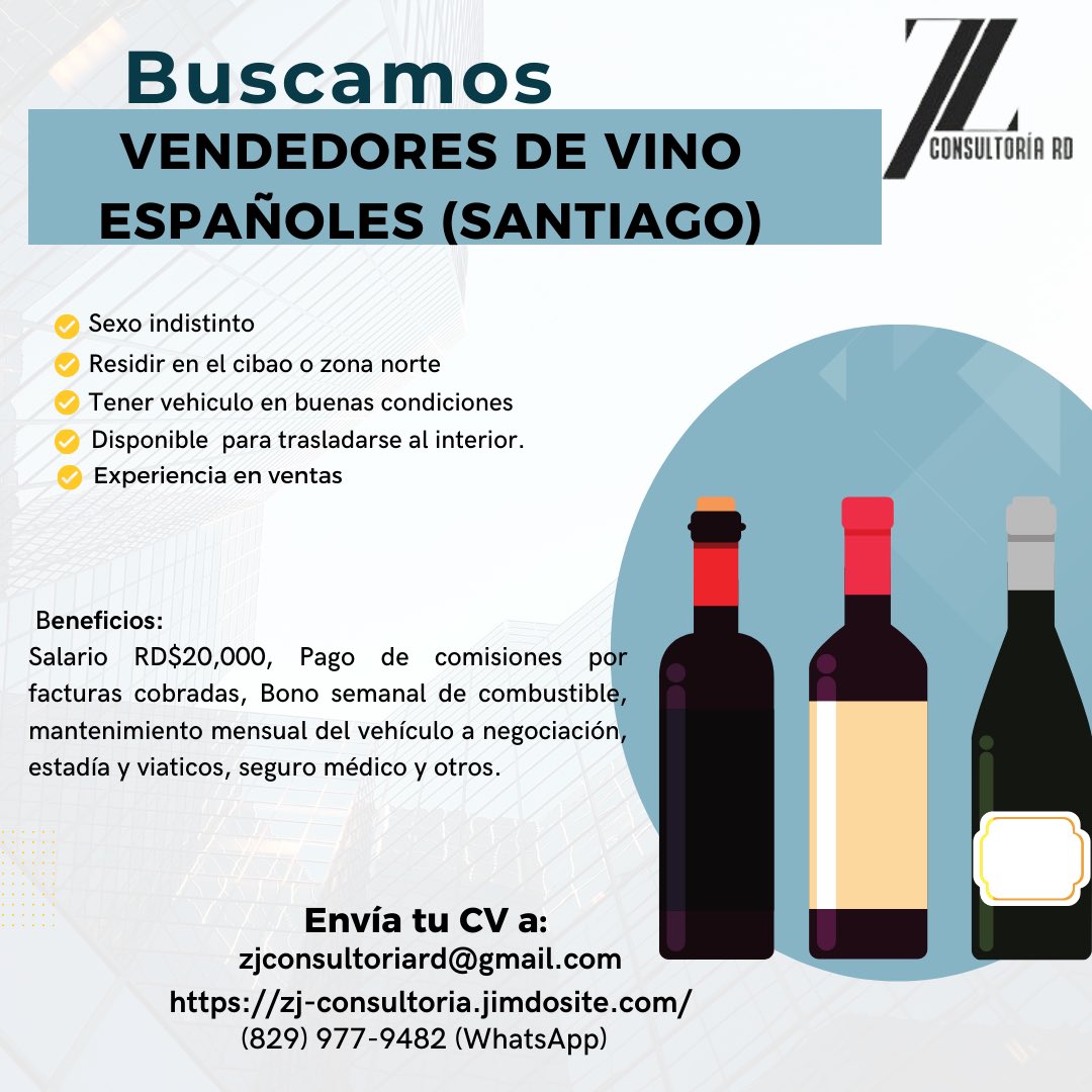 zujav's tweet photo. Buscamos vendedores para vinos españoles en Santiago.  
Si cumples los requisitos del perfil, envía tu cv a zjconsultoriard@gmail.com https://t.co/6nmede3lRf