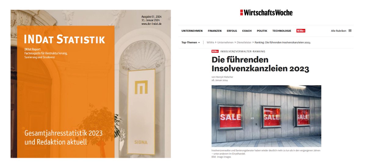 Schiebe und Collegen hat in den vor kurzem veröffentlichten Rankings für Unternehmensinsolvenzen der WirtschaftsWoche sowie des INDat-Reports für das Gesamtjahr 2023 wie im Jahr davor eine erfreuliche Platzierung in den TOP 10 erreicht.

schiebe.de/indat-report-w…