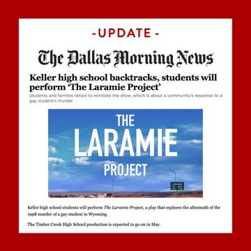TectonicTheater's tweet image. Update! 🚨 Timber Creek High School in Keller, Texas has reversed their decision and will now allow students to perform "The Laramie Project" this May. This victory is a step forward in the fight against censorship and homophobia in schools. #TheLaramieProject #EqualityMatters 🏳️🌈