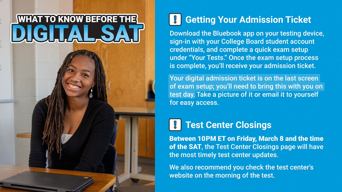 💻 What to Know Before the March SAT: spr.ly/6016XFuqY

🚨 Make sure to complete exam setup in the Bluebook app ahead of test day. This is how you receive your admission ticket.
Download Bluebook: spr.ly/6018XFuqm

🏫 Test Center Closings: spr.ly/6019XFuqW