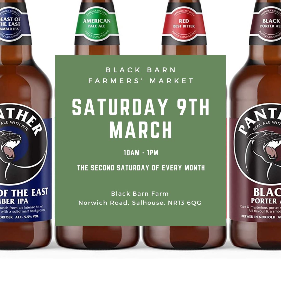 Come along tomorrow to Black Barn Farm at Salhouse from 10-1 for their brilliant monthly market! Pick up some of your @Pantherbrewery favourites for the rugby 🏉 later!!! 🍺 🍺 🍺