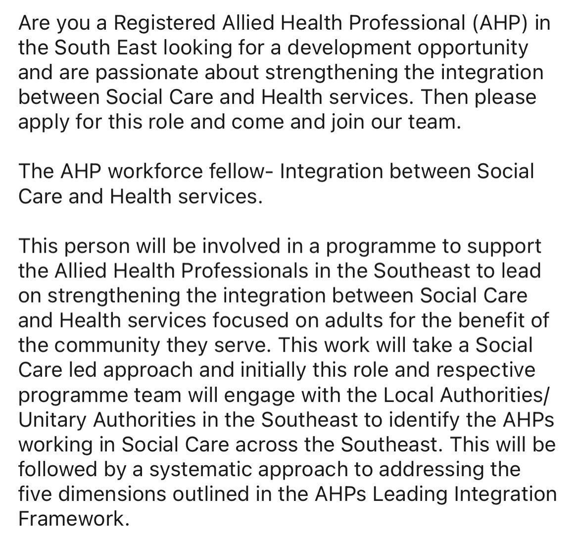 AHP workforce Fellowship job opportunity! @marylovegrove @jander01 @Junedavis44 @RebeccaTyrrell4 #AHP #socialcare #intergration #workforce #jobopportunity jobs.nhs.uk/candidate/joba…