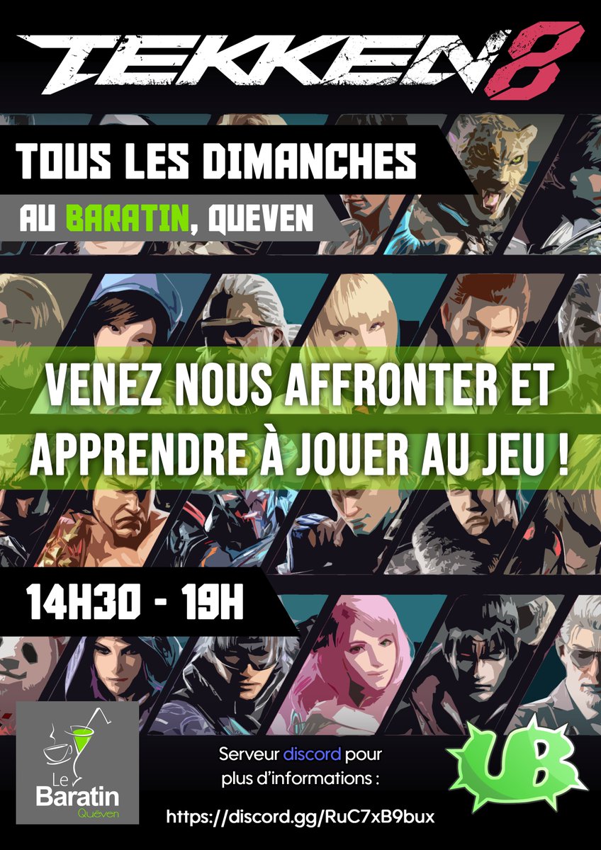 Désormais il y aura du Tekken 8  en plus de Smash au Baratin à Quéven tous les dimanches jusqu'à Juin !

Plus d'informations sur le discord :
discord.gg/RuC7xB9bux