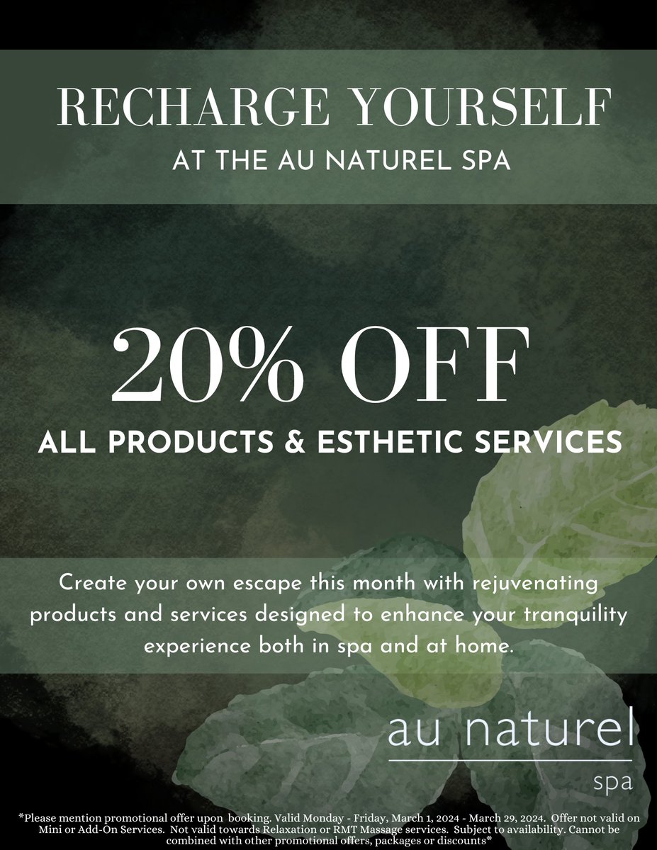 Enjoy 20% off all products and esthetic services, curated to elevate your tranquility experience, whether your unwinding in the spa or creating your own oasis at home. Discover your ultimate escape this month at Au Naturel Spa! 🌿⭐ #SpaDay #AuNaturelSpa brookstreet.enjovia.com/spa