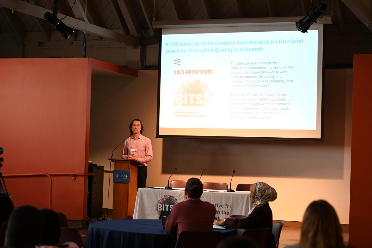 Today's the day! We've gathered in Berkeley for our 12th annual meeting to celebrate and invest in the open science community.

Kicking off the day, @tedmiguel introduces the 3 pillars of BITSS: education, evidence, and strengthening the open science ecosystem. #BITSSAM2024
