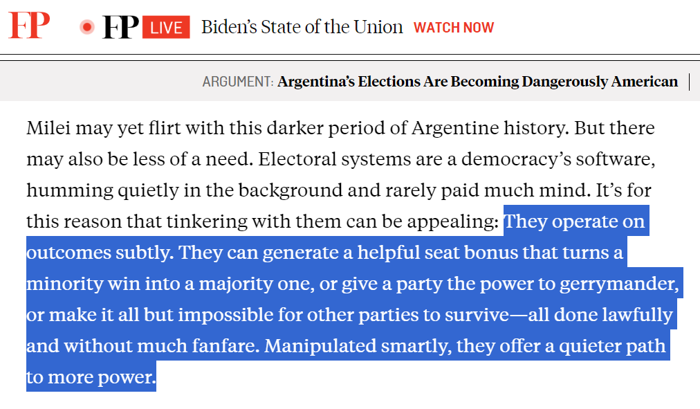 In case you missed it: my @ForeignPolicy piece with @g_tudor on why Argentina's Milei wants a US-style electoral system. foreignpolicy.com/2024/02/28/arg…