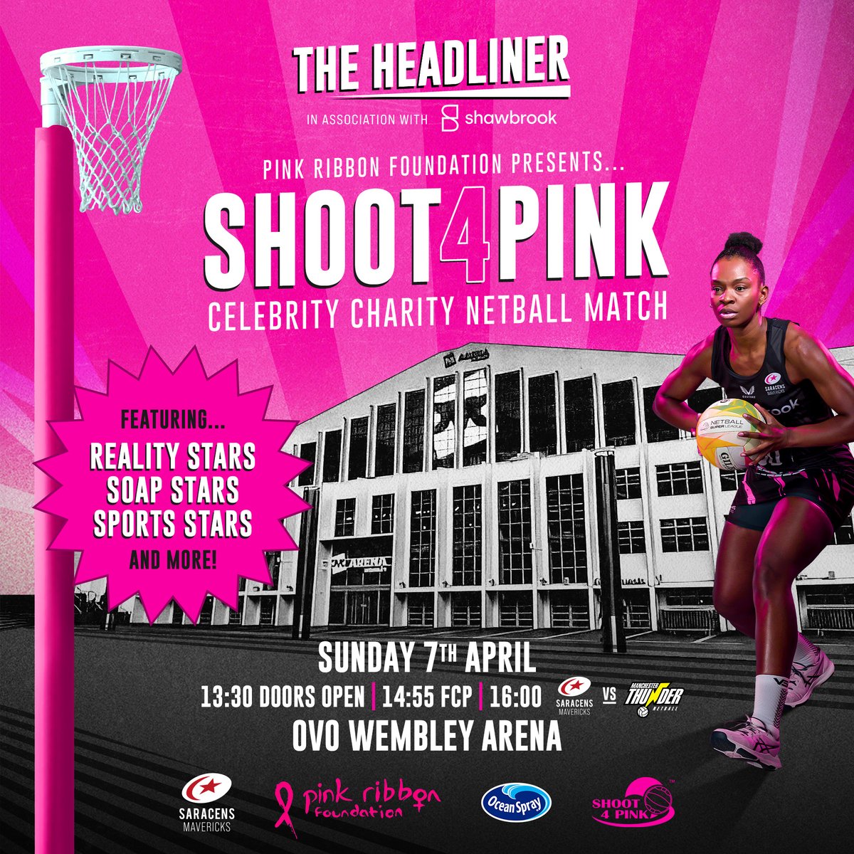 The #SHOOT4PINK is back and will be hosted at @OVOArena prior to #TheHeadliner! On Sun 7 April, ahead of the Netball Super League match, between @SaracensMavs vs @thundernetball a whole host of the PRF - get your tickets now bit.ly/SHOOT4PINK