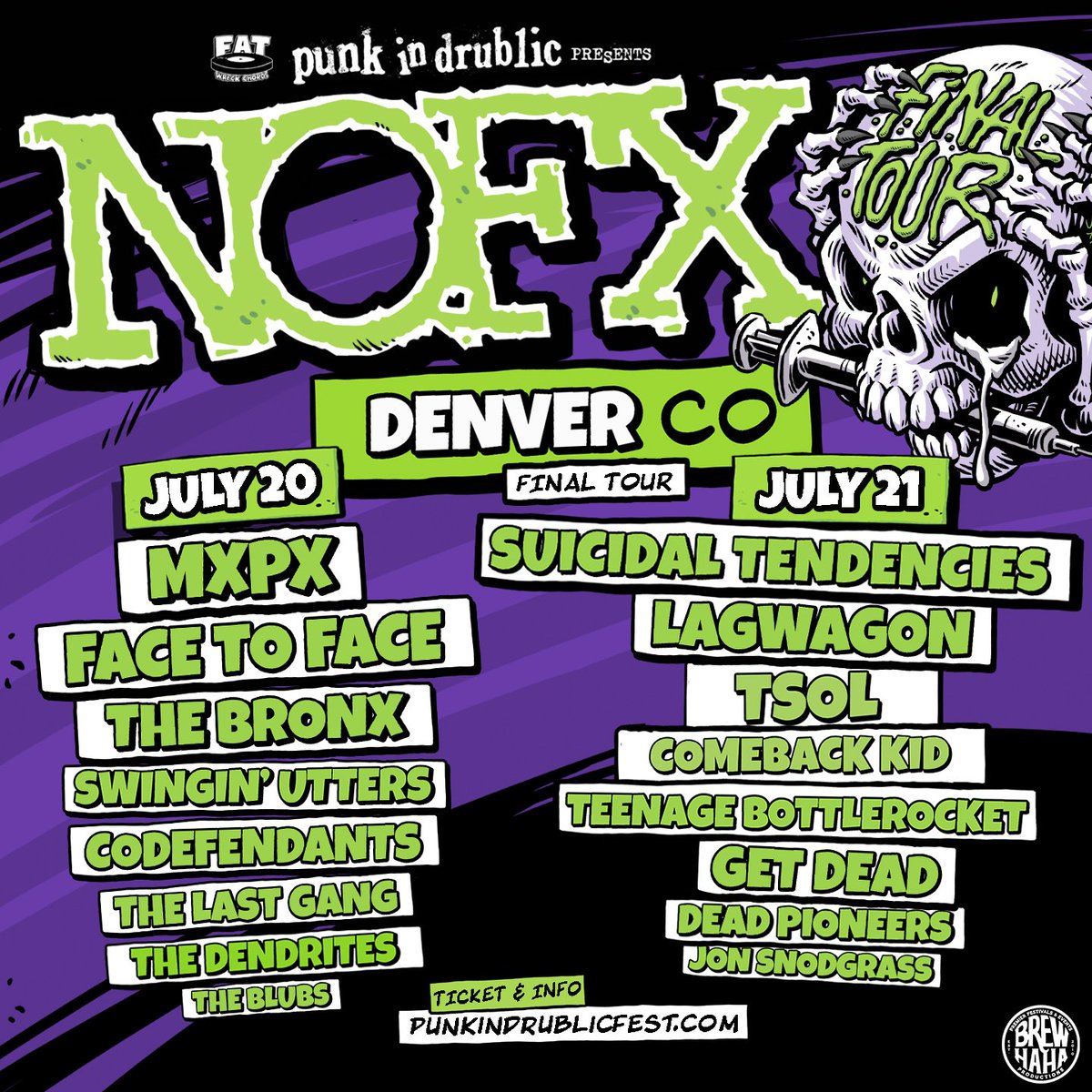 🚨DENVER🚨 See ya July 20th for the LAST EVER @nofx shows in Denver! Can't wait to be back in the Mile High City! Tickets are on sale now! punkindrublicfest.com/denver #TheLastGang #nofxfinaltour