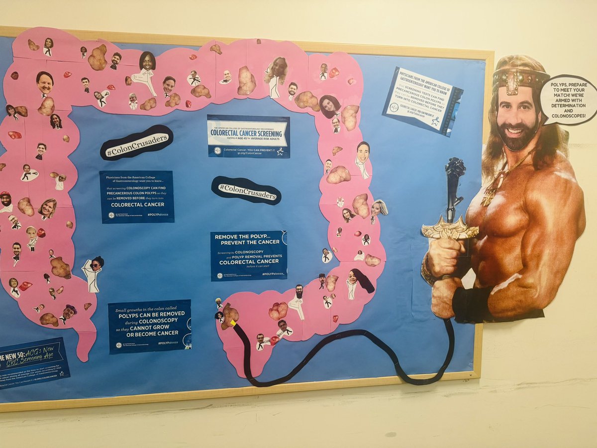 At SLU GI, we don’t mess around when it comes to #CRCawareness 💙😂 Check out our #colorectalcancerawareness board created by our amazing endoscopy staff 💪🏽 Zoom in for a closer look at our GI attendings & fellows defeating polyps! #45isthenew50