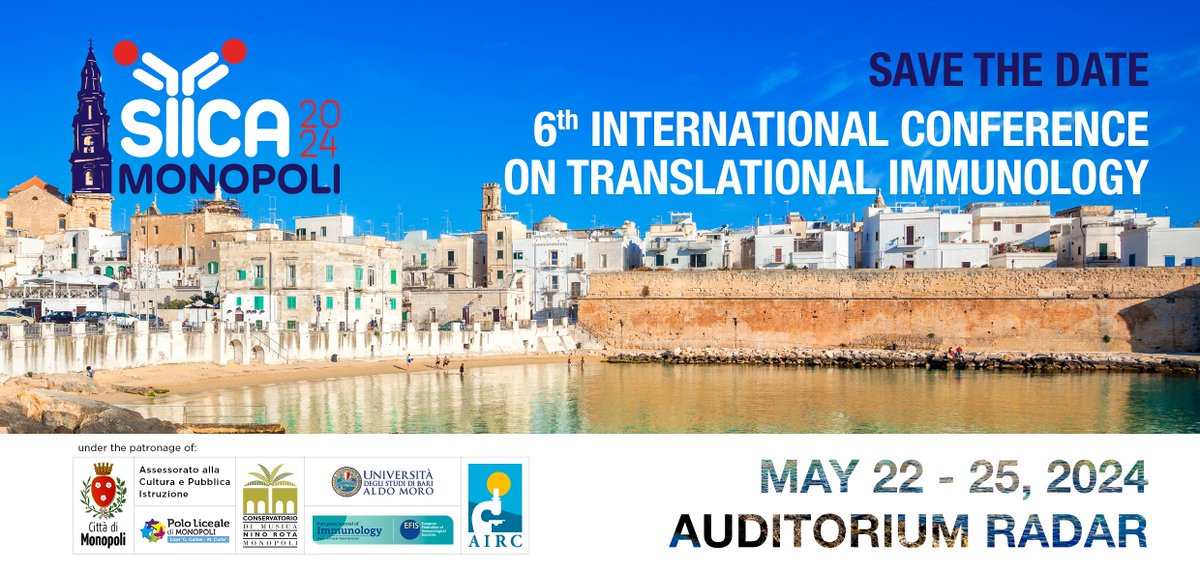 LAST DAYS for the EARLY REGISTRATION for the to the 6th @SiicaI International Conference of Translational Immunology in Monopoli on May 22-25, 2024. DEADLINE: MARCH 16th, 2024 Travel grants are avaiable! Register here: siica.it/6th-internatio… @EFIS_Immunology @y_efis