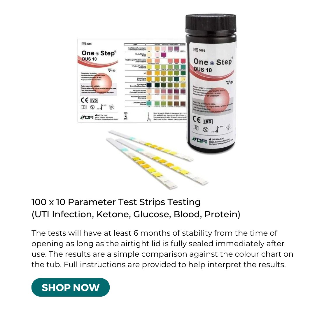 🔍✨ Discover the Power of Knowledge with our 100 x 10 Parameter Test Strips Testing Kit! 🔍✨ Detecting UTI Infections, Ketones, Glucose, Blood, and Protein has never been easier! Our comprehensive test strips offer accurate results right at your fingertips.