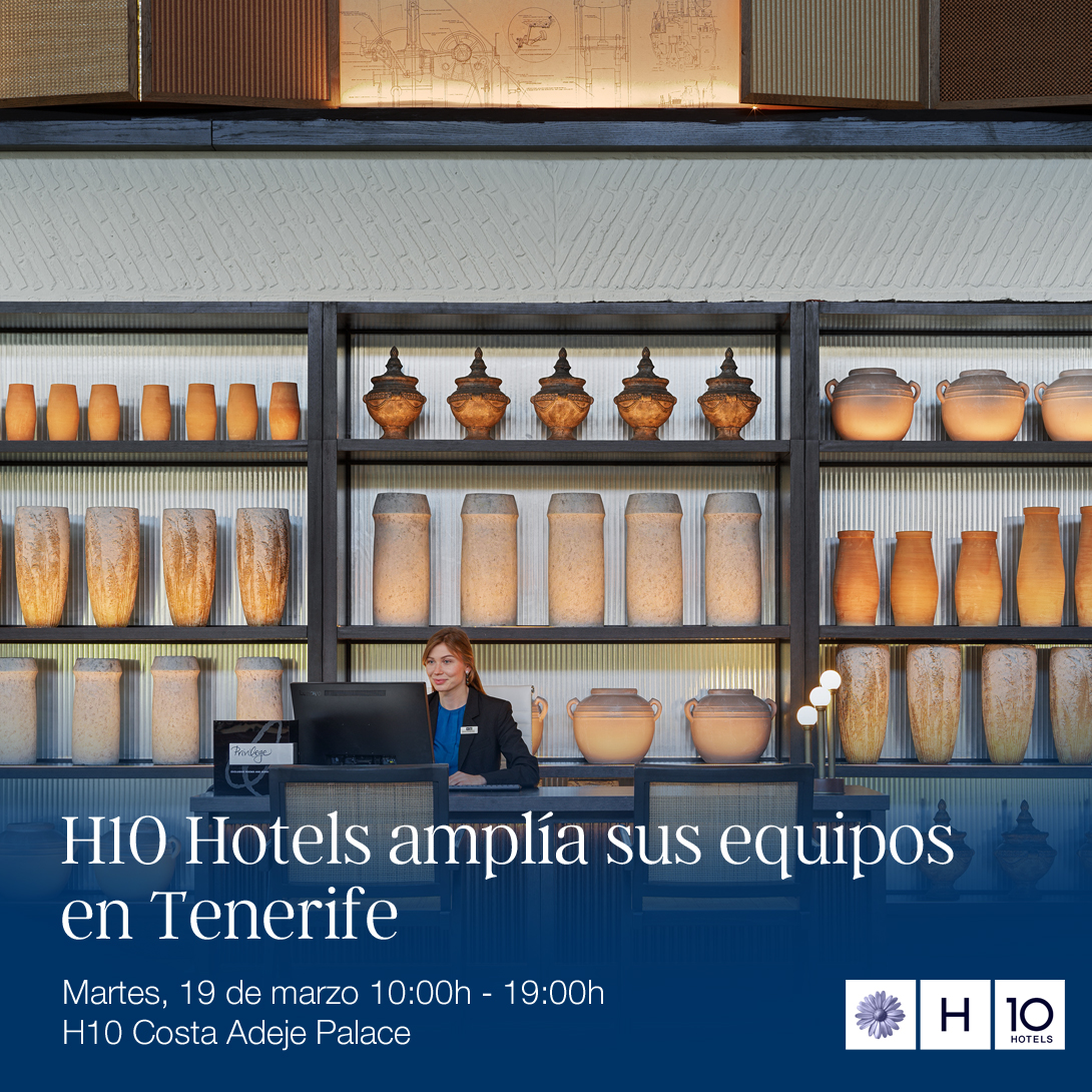 Jornada de puertas abiertas para aquellas personas interesadas en formar parte del equipo de <a href="/h10hotels/">H10 Hotels</a> en Tenerife.
Este próximo 19 marzo,10:00a19:00h en el hotel H10 Costa Adeje Palace, puedes acudir a lo largo de este horario, entregar tu #CV y realizar entrevista de trabajo.