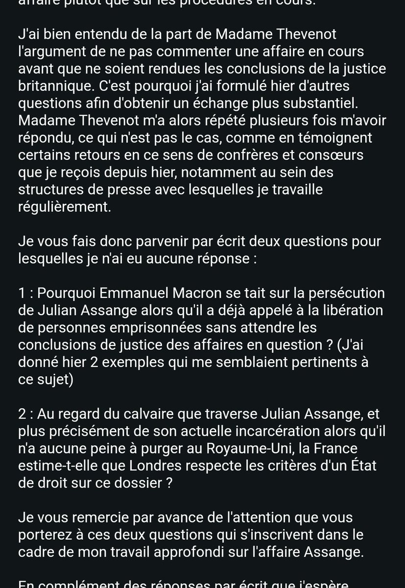 📢 - Silence de la France sur l'affaire Assange. Puisque je n'ai pas eu le début d'un commencement de réponse en salle de presse à l'Elysée, j'ai envoyé hier mes questions par écrit. Vu que je n'ai toujours rien reçu, un petit thread à partager🧵👇