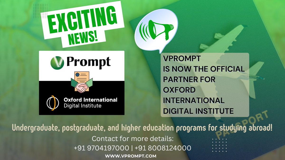 vprompt's tweet photo. 🌍 Exciting News! 🎓 vPrompt is thrilled to announce our partnership with Oxford International for Undergraduate, Postgraduate, and Higher Education programs, opening doors for students to study abroad! 🌟 Unlock a world of opportunities with us! Contact us for more information. https://t.co/kvebnxPQ3r