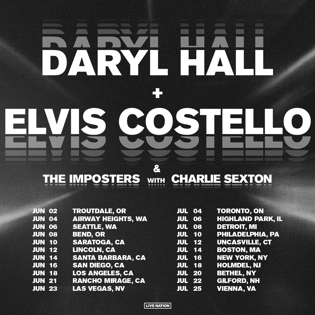 .@realdarylhall + Elvis Costello & The Imposters with Charlie Sexton will be touring the US together this summer. Tickets on sale next Friday, March 15th at 10am local. tour.elviscostello.com