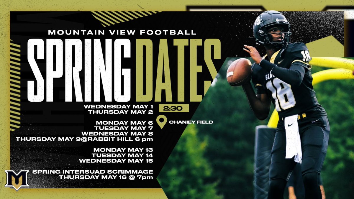 🚨SPRING PRACTICE DATES!!🚨 College coaches, come check out our players at work this Spring. All practices start at 2:30 pm with the exception of May 9, which will be at Rabbit Hill Park at 6pm. It's a great time to be a BEAR!!!