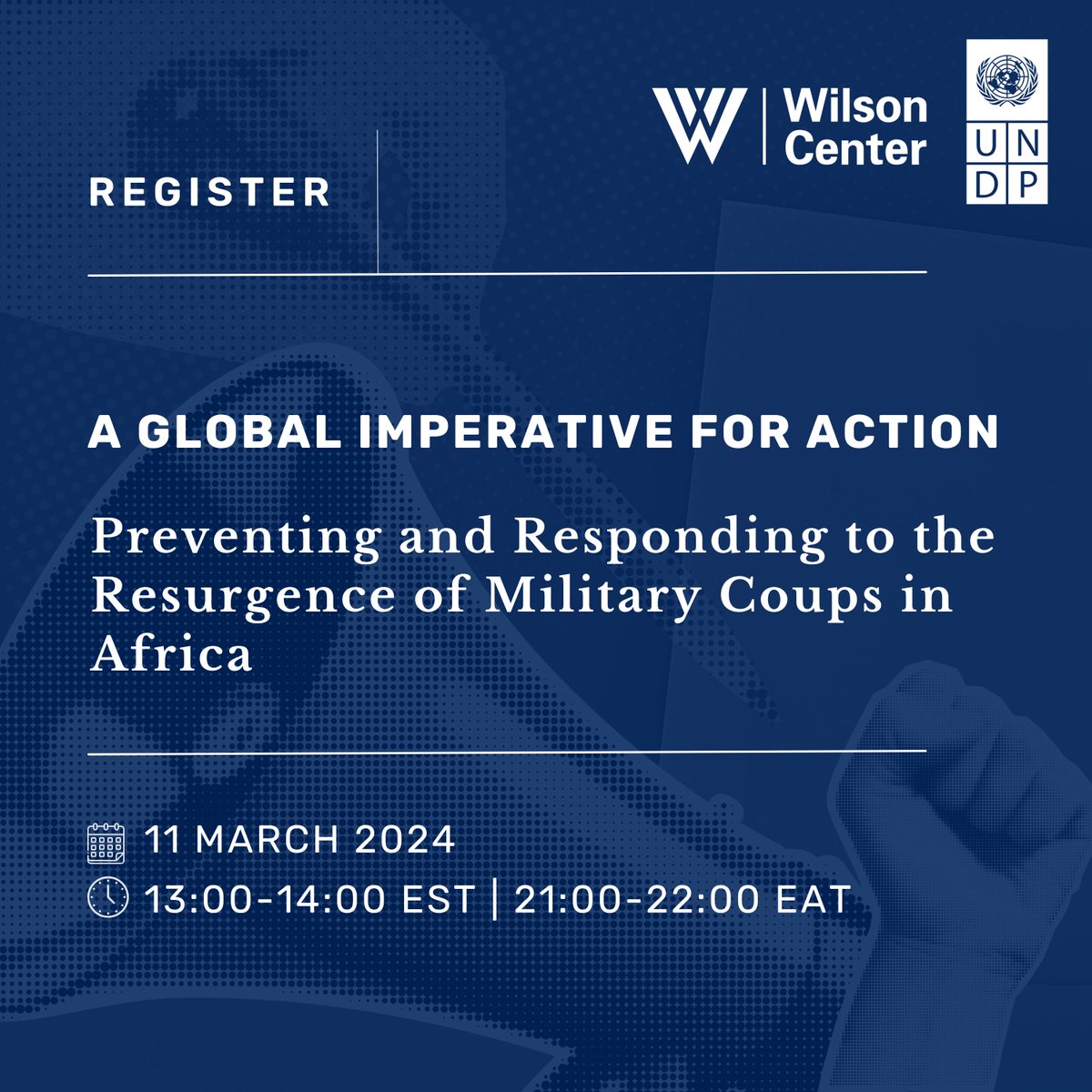 UNDP Africa (@undpafrica) on Twitter photo The #SoldiersAndCitizens roadshow continues 🌍
Join us for a critical discussion hosted by <a href="/TheWilsonCenter/">The Wilson Center</a> on 'A Global Imperative for Action' addressing military coups in Africa.
🗓️ 11 March
🕘 13:00-14:00 EST | 21:00-22:00 EAT
🔗 Register now 👉 bit.ly/3wTTwM4 The #SoldiersAndCitizens roadshow continues 🌍
Join us for a critical discussion hosted by <a href="/TheWilsonCenter/">The Wilson Center</a> on 'A Global Imperative for Action' addressing military coups in Africa.
🗓️ 11 March
🕘 13:00-14:00 EST | 21:00-22:00 EAT
🔗 Register now 👉 bit.ly/3wTTwM4