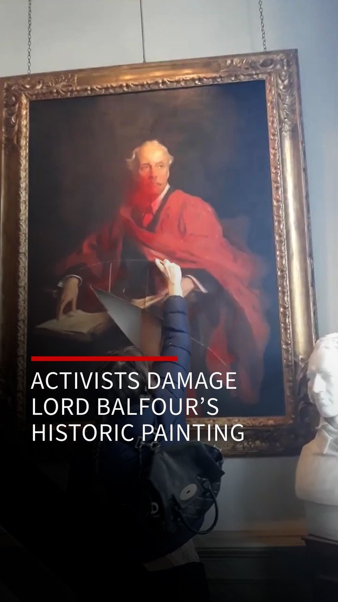 Middle East Monitor on X: "Pro-Palestine protesters slash Lord Balfour's painting at University of Cambridge Pro-Palestine protesters slashed a historic painting at the University of Cambridge on Friday, 8 March. The former