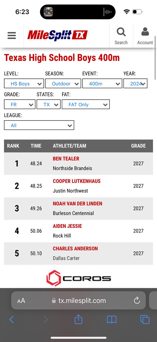 CC2bad2bold's tweet image. Charles Anderson - 400 meter dash - 50.10 PR leads all freshman of 4a, 5th fastest freshman of Tx, 10th overall 400 for 4A. New Carter Freshman Record Holder.👣⚡️❤️‍🔥💯
